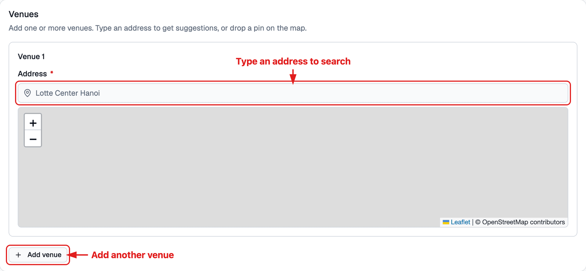 Venue field with the address search and the add-venue control