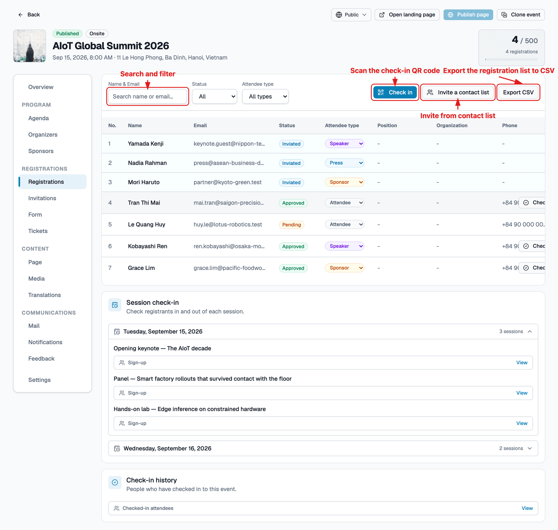 Attendees management & filters screen
