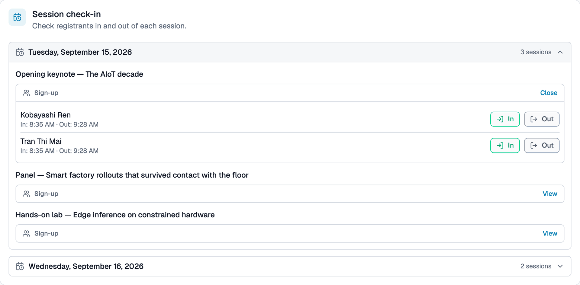 Per-session check-in screen