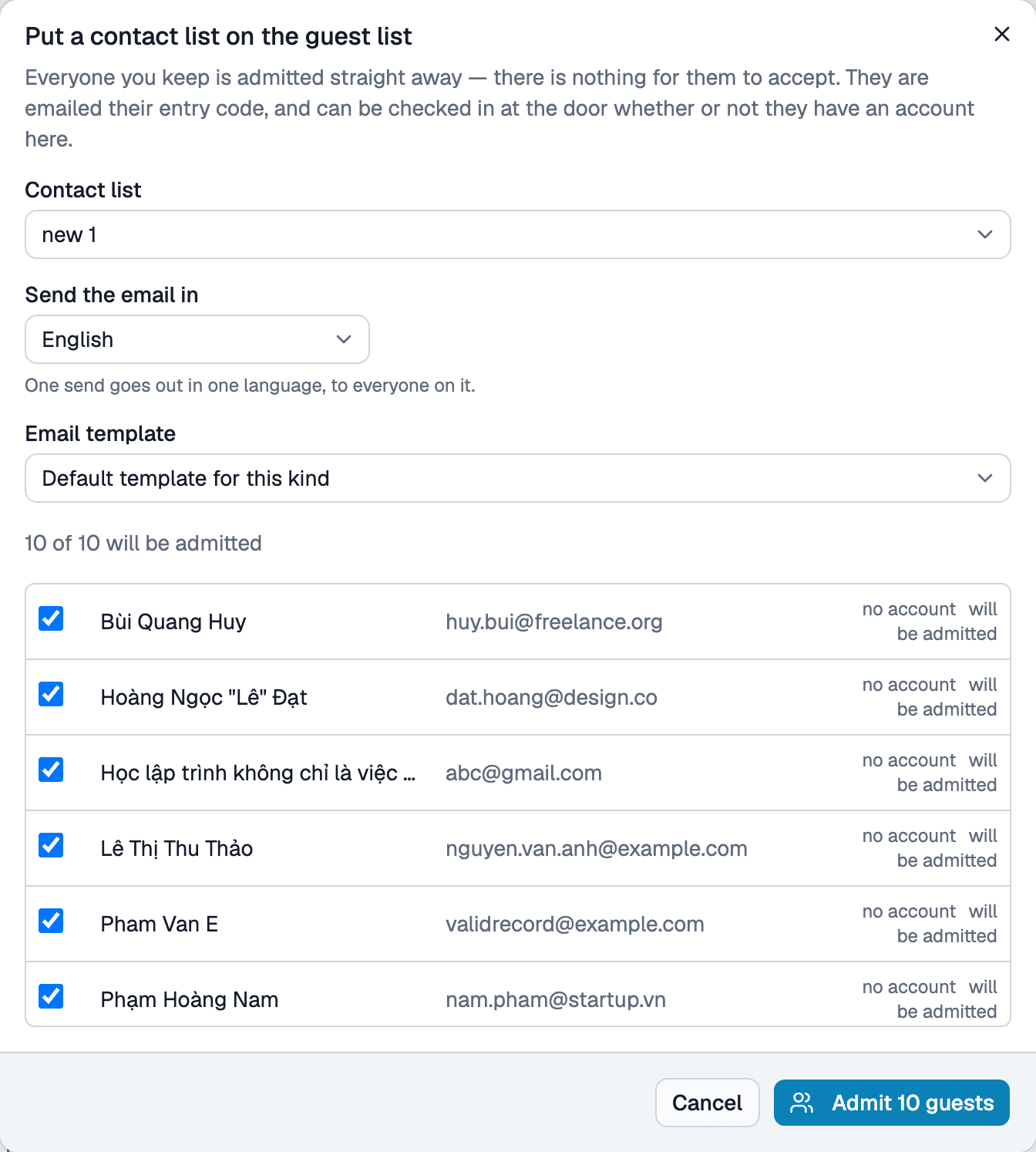 Invite from Contact List dialog