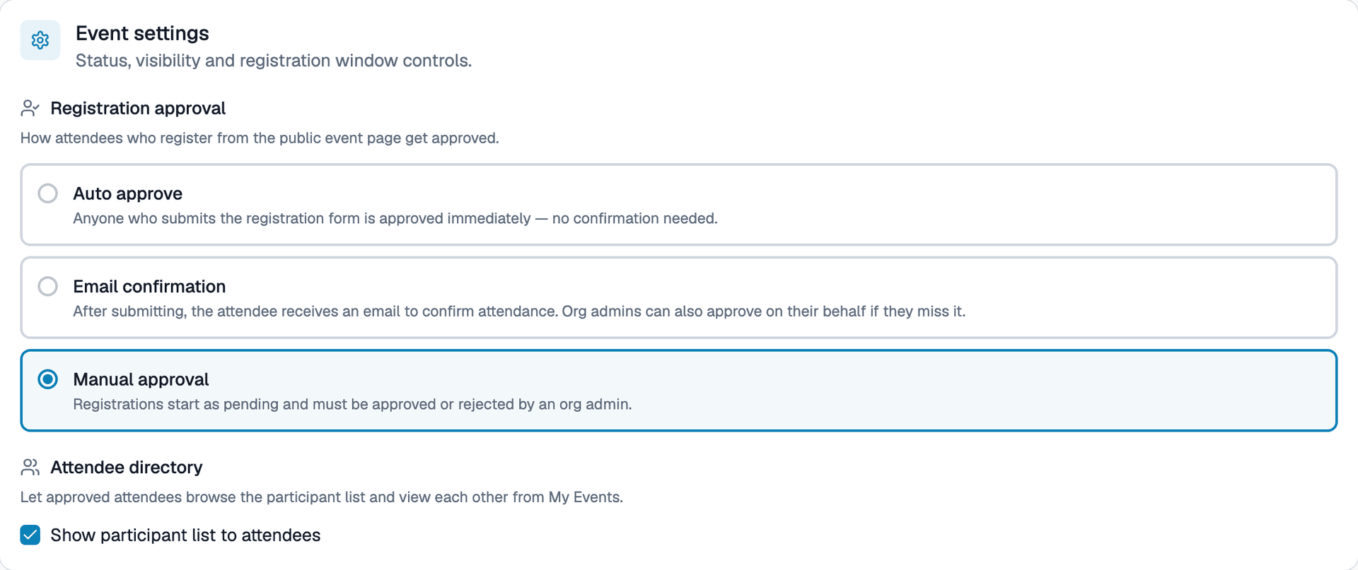 Event settings management interface