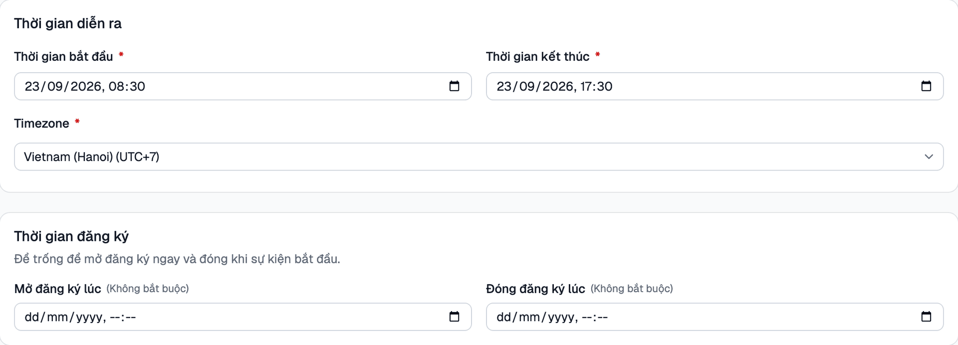 Thiết lập thời gian diễn ra và thời gian đăng ký