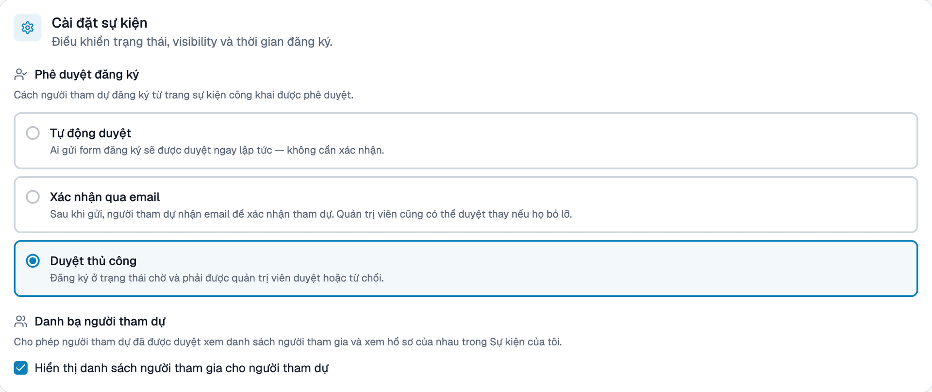 Giao diện Cài đặt sự kiện
